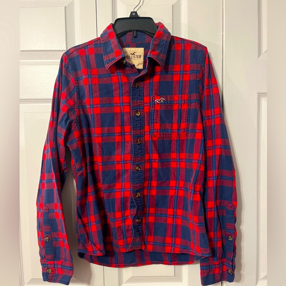 Hollister red and blue flannel button up shirt